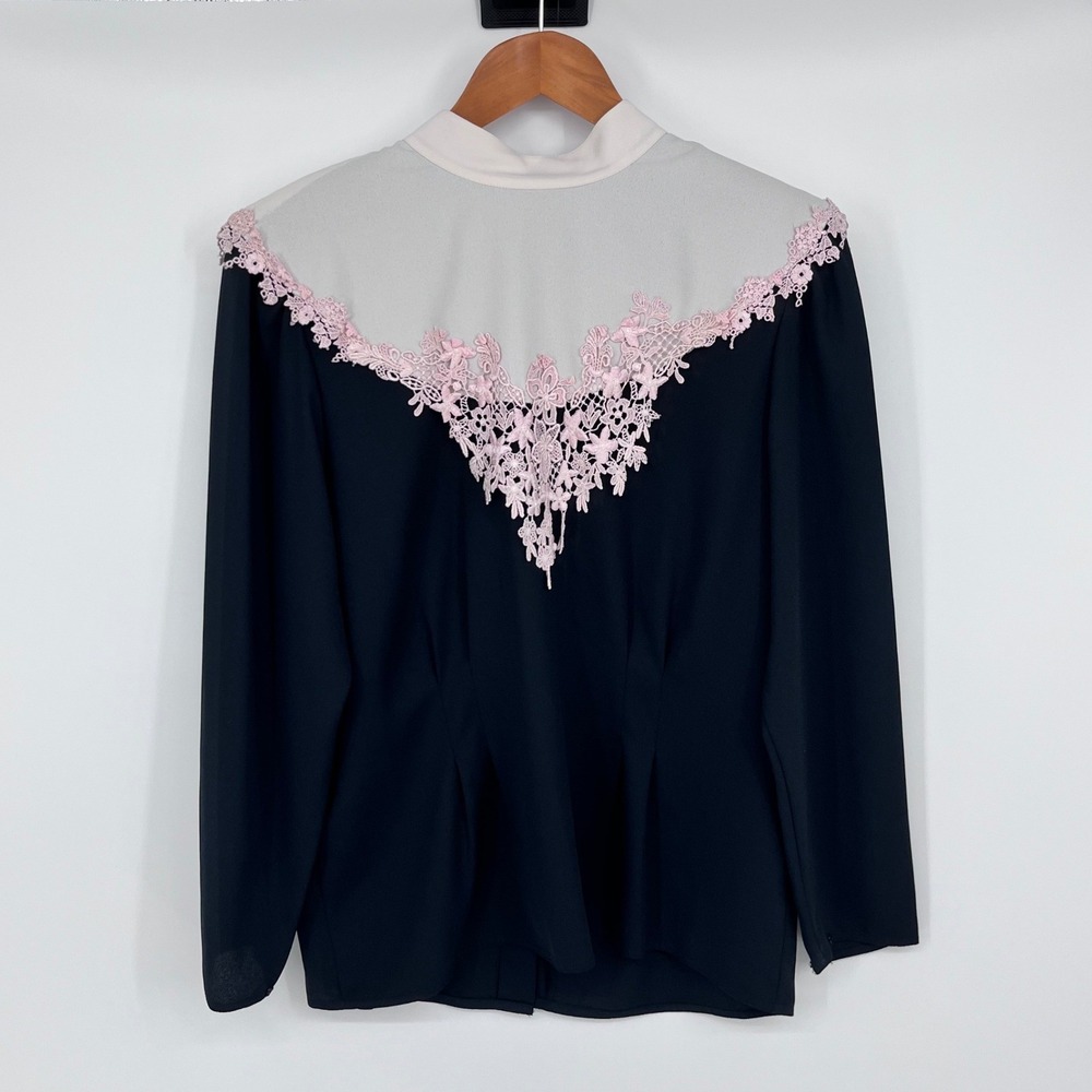 Vintage 80's Nilani Blouse Womens‎ 12 Black Lace Trim Victorian Dark Academia